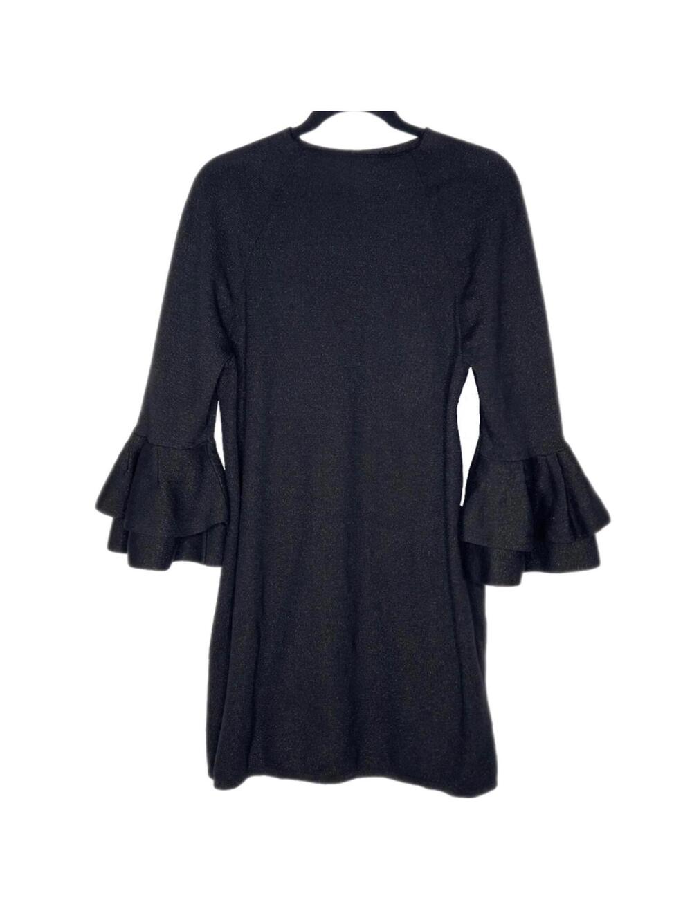 Anthropology Black Knit Metallic Thread Dress w Layered Ruffle Sleeves - XL